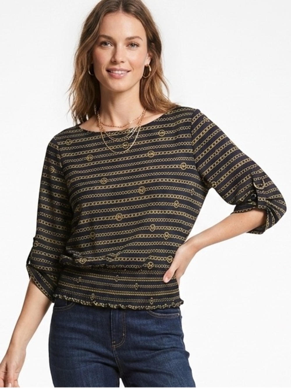 MICHAEL Michael Kors Black Gold Chain Link Smocked Crop Blouse Top Large - 636